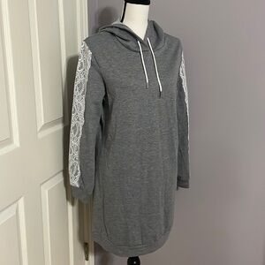 Gray Hooded Dress or Tunic L Long Sleeves, Lace down the Arms